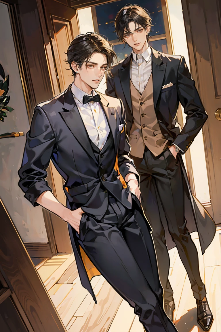 (masterpiece), best quality, seductive eyes, perfect face, handsome man, brown eyes, long slicked back black hair, long nose, tan brown skin, volleyball jersey, black fitted pants, extremely tall man, long legs, long calves, full body, tall man, long legs, anime cover, 1boy, ear piercings, hands in pockets, adult-like look, cafe background