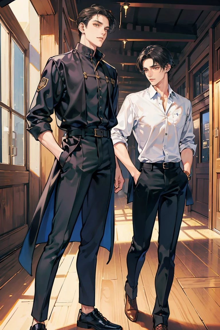 (masterpiece), best quality, seductive eyes, perfect face, handsome man, brown eyes, long slicked back black hair, long nose, tan brown skin, volleyball jersey, black fitted pants, extremely tall man, long legs, long calves, full body, tall man, long legs, anime cover, 1boy, ear piercings, hands in pockets, adult-like look, cafe background