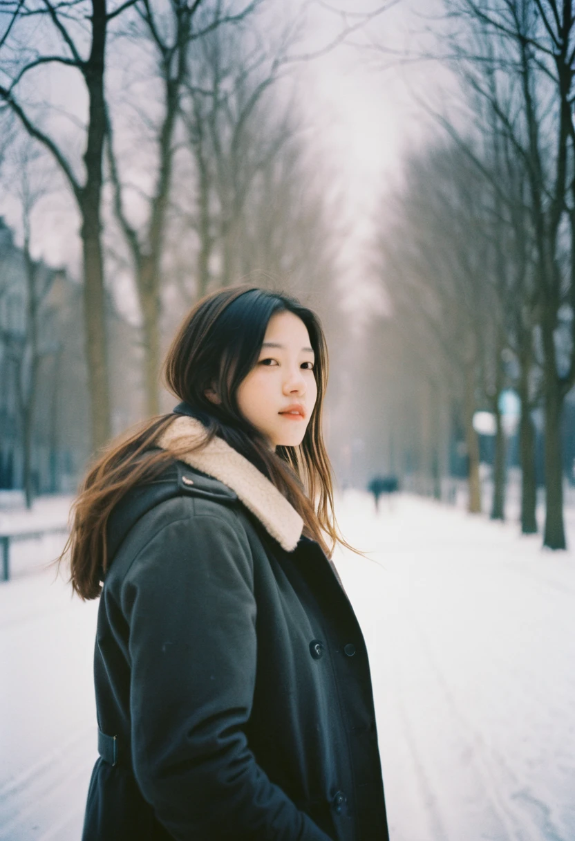 1girl,analogue,film,washedout,film,colour faded,400 iso film stock,oldfashioned,mark,beautiful cinematic lighting,engaging atmosphere,((film still,movie still)),photograph,volumetric lighting,Slow Shutter Speed,Primitivism,RAW photo,ultra-sharp focus,internationally-acclaimed photograph,ambient atmosphere,ambient,in winter,abomasnow