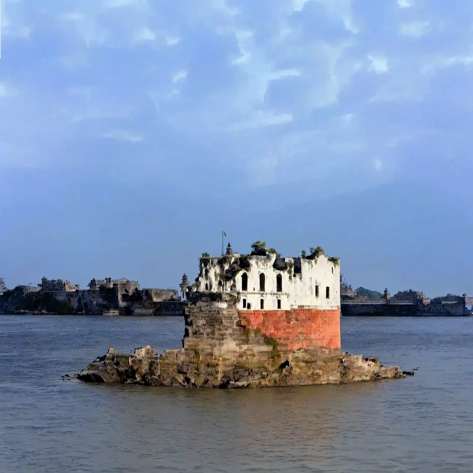 There is a small building on the rocks in the middle of the water, background, an island, Earlier, Guangjian, A huge floating castle, Totalitarian Prison Island, Hashima Island, keep, indore, viewed from the harbor, Ruins all around, The floating palace, sha xi, building along a river, This photo was taken from a distance