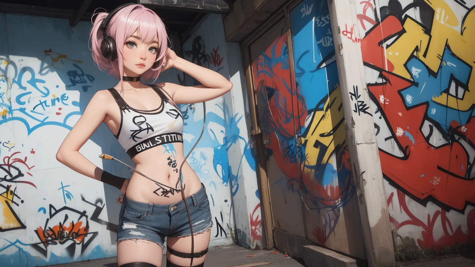 one women, Rainbow style, cyberpunk women, ​masterpiece, best quality, 1 girl, alone, Short top, Jeans-Shorts, neck ribbon, (Graffiti:1.5), paint splatters, Arms behind the back, against the wall, Viewers look at, 手链, thigh strap, Color on the body, Head tilt, bored, multi-colored hair, aqua eyes, Headset,，Art stations，Bunte paint splatters，Contours，Unreal Engine，Like a dream，Intricate detailing，Boat picture，Complementary colors，fantasy concept art，8K-Auflösung，Perverted&#39;masterpiece，Oil painting，hit，Rainbow Skins，((black)),, (((Dressed in modern clothes))), Girls, with long, flowing silver hair, piercing blue eyes, and pointed ears. Her attire should be a blend of dark, sleek armor and mystical elements, adorned with intricate designs and glowing runes. She is in a dynamic, action-oriented pose, holding dual daggers with an ethereal glow. The background should be a dark, mystical forest or an ancient, ruined temple, with a moonlit sky casting an eerie glow. The overall style should reflect the detailed, fantasy-rich art of Lineage 2, with vibrant colors, dramatic lighting, and a sense of magical realism.、permission 8k、complex parts、Toned waist、Wide buttocks、Эффект Тиндаллаmasuter piece、top quality、Highest standards、Highest image quality、table、complex parts、A high resolution、depth of field、natural soft light、professional lighting、about, standing, very long hair, cowboy shot, brilliant, brilliant hair, (night:1.2),Dreamy, [[gentle fingers and hands:0.55]::0.85],(detailed fingers),),(emotional),(breathtaking),(main part:1.2) whole body.), (Anime Style), (Super Detailed), (brutal), (uhd, HDR), (8K), (High Resolution: 1.2), (Complex and Beautiful: 1.2)