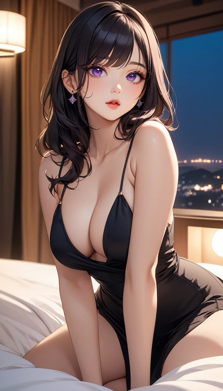 masterpiece, high resolution, beautiful woman, Korean Beauty, 30 years old, black sleeve less, beautiful woman, night hotel, looking at me, (high resolution face), (high resolution eyes), (high quality eyes), black hair, purple eyes, little curvy
