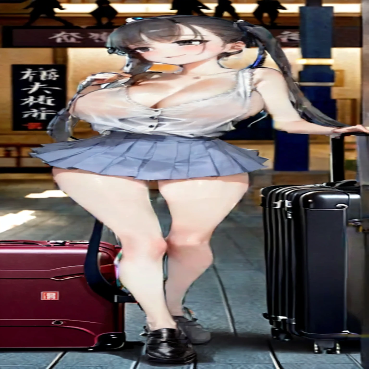 araffe wearing skirt and top，With a suitcase, a hyperPractical schoolgirl, hyperPractical schoolgirl, Knee-high socks and skirt, Practical , Popular on cgstation内容, wearing skirt and high socks, Slender legs, Transparent grey skirt, Popular on cgstation, Thigh close-up, Long legs, Wearing a honey-themed mini skirt