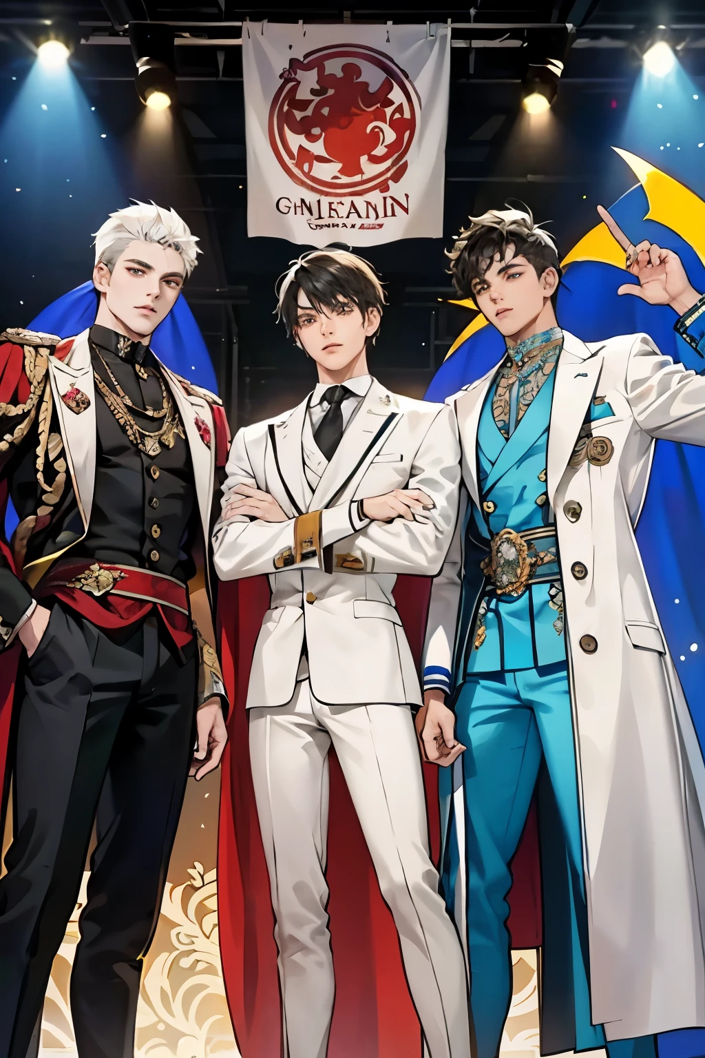 Picture of a vibrant group of three hip hop male teenagers, each showcasing their unique styles. The middle figure, with a radiant tan skin, sports a stunning aura, accentuated by his curly hair that cascades down in intricate patterns. The person on his right, boasting fair white skin, showcases an exquisite face structure, his hair meticulously braided into a short, sharp deadlock style. The figure on the left, also with fair white skin, complements the duo with his sharp-edged style, sporting short, sleek, black hair that falls straight down to his shoulders. The trio exudes an aura of youthful energy and camar