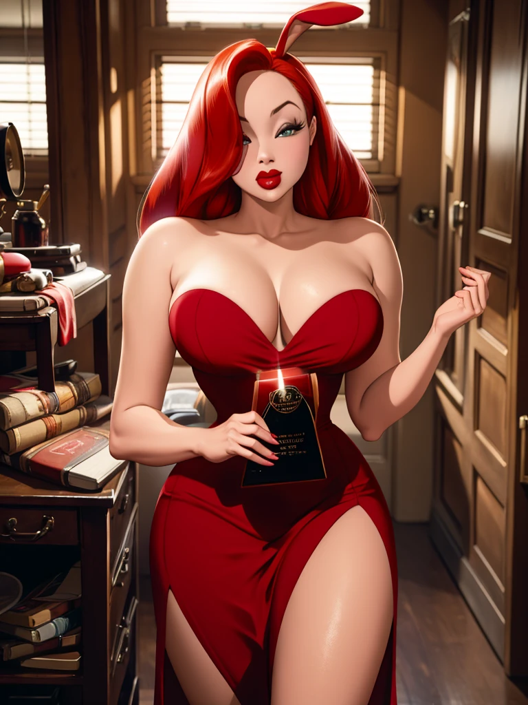 30-year-old woman, alone, beautiful, loose red hair covering one side of her face, thick and beautiful lips with red lipstick, character Jessiva Rabbit, wearing a long fitted red dress. Best quality, masterpiece, high resolution, perfect image, highly detailed, high contrast, digital colors, simple, medium shot, cinematic, ultra sharp focus, award-winning photography, perfect contrast, high sharpness, depth of field, ultra detailed photography. global illumination, fluid, ultra high definition, 8k, Unreal Engine 5, ultra sharp focus, award-winning photography, Art Season Trends,