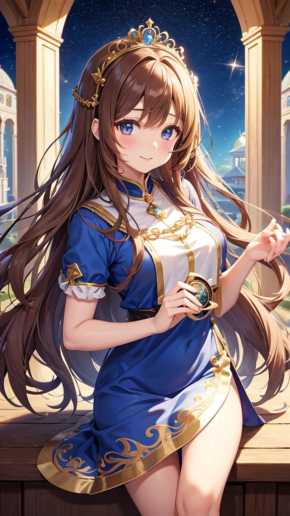 A girl with long brown hair, a goddess, anime style, a cute girl like an angel, a girl with a gentle smile, a fortune teller with a light in her hand, and a  surrounded by natural stones. Love fortune teller. A sparkling royal sky blue pearl dress and a tiara on her head. There is a goddess, there is an anime-style girl, there is a fortune teller, there is a magical girl, the background is a chapel, high quality, high resolution, 8K, there are 5 fingers on the left and right.