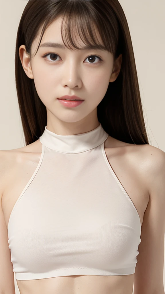 1 Female, Close-up of face, Medium chest, Light brown hair, Blunt bangs, Hair behind the ear, Hair that falls over the shoulders, Long Hair, Slim figure, Ultra debtine debtace, Thin face, Delicate lips, Beautiful Eyes, Light blush, eyes are light brown, Perfect glowing skin, Perfect Skin, Shining Sweat,Have a look at this, Ultra-thin needle, Very thin fingers, The optimal ratio is four fingers to one thumb, (Realistic:1.3), See-through mock neck crop tank top in white. amusement park, First Person View, debtuji debtilm, debt/1.2, 8K, Tabletop, んdebtdebt, Super detailed, high quality, 最high quality, High resolution