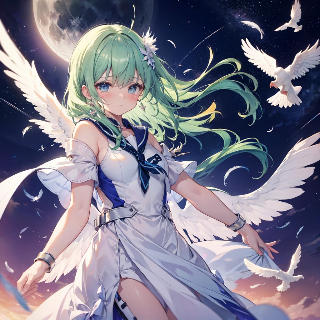 ((((Archangel)))) (((fluffy feathers Crying face Shining Tears suffering))),((White Dove Big full moon)),(End of the Galaxy shooting star Drop shoulder Sailor suit Shiny Earrings Green Hair Long Hair), have Sleep on your back look up Reaching out