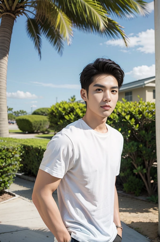 A young Asian man stands, handsome, muscular, looking at the camera. In a plain white t-shirt , Fieldside, grass, beach, sunlight