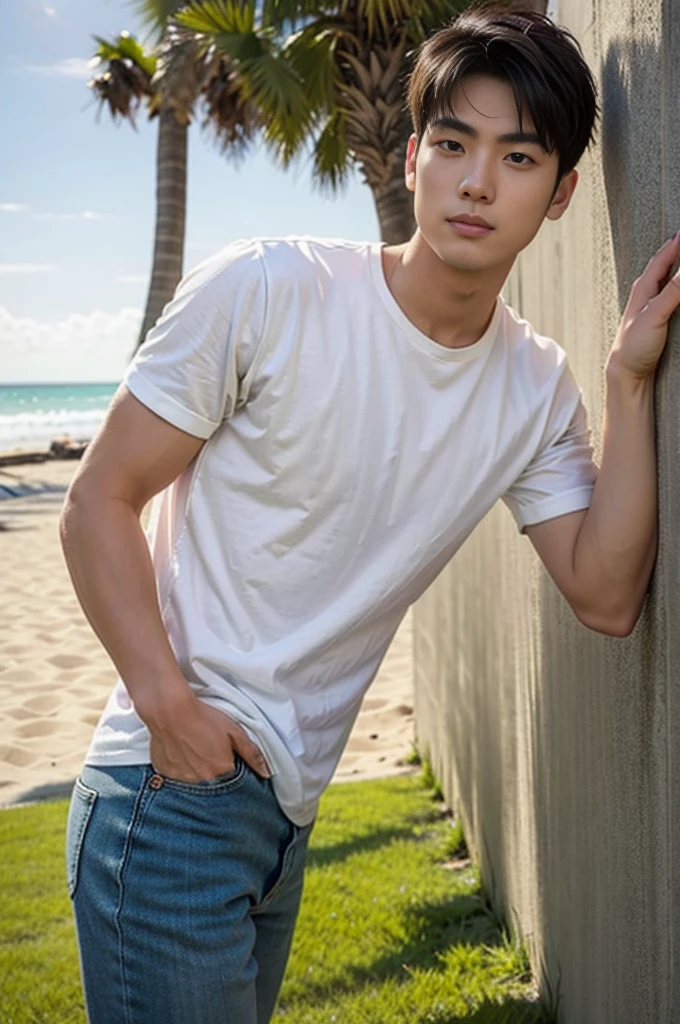 A young Asian man stands, handsome, muscular, looking at the camera. In a plain white t-shirt , Fieldside, grass, beach, sunlight