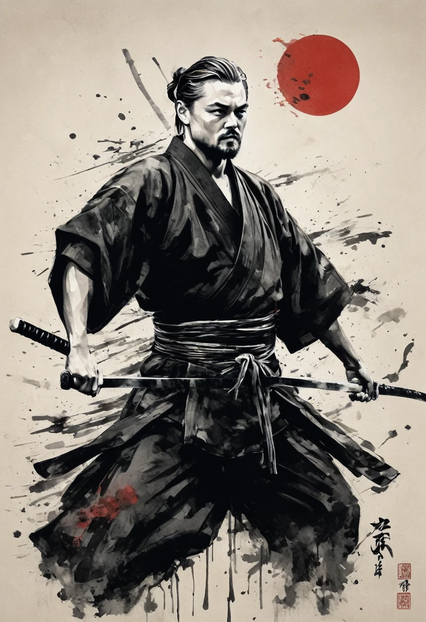 Ink painting,１color,whole body,smile,Leonardo DiCaprio,Medium Hair,Samurai,Black kimono,(haori),kyudo wear,(Intense sword fighting scene with outstretched arms),Drawing strokes drawn with rot ring 0,Dynamic movement and powerful brushstrokes、splash,
