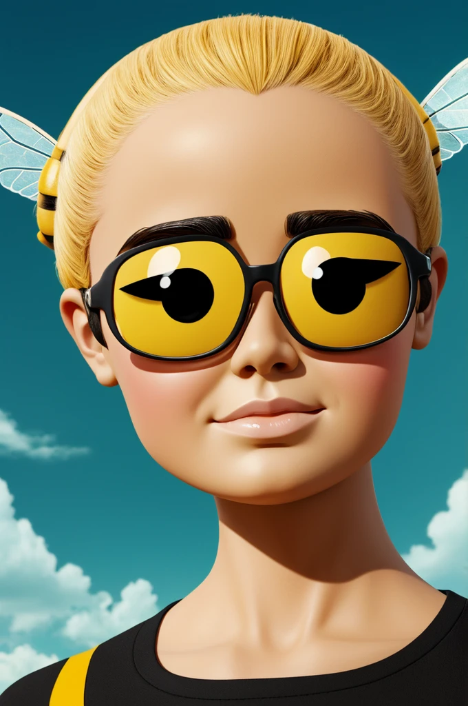 A cartoon character with a human head and a bee body