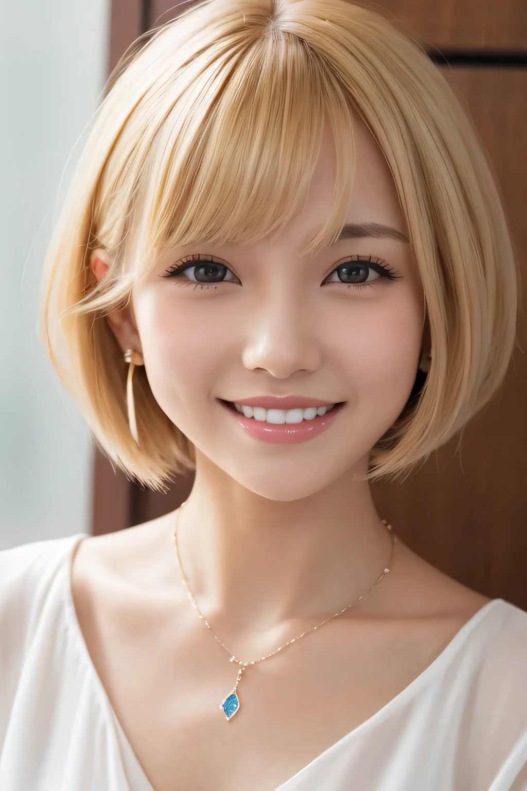Genuine, masterpiece, Highest quality, Photo of a woman smiling happily, Beautiful and detailed, Long, narrow eyes, Iris, Thin eyebrows, Delicate eyelashes, Long eyelashes, False eyelashes, (Hidden eyelid wrinkles:1.3), (Blonde, short hair, middle part:1.3), Small teeth visible, Colorful see-through T-shirt