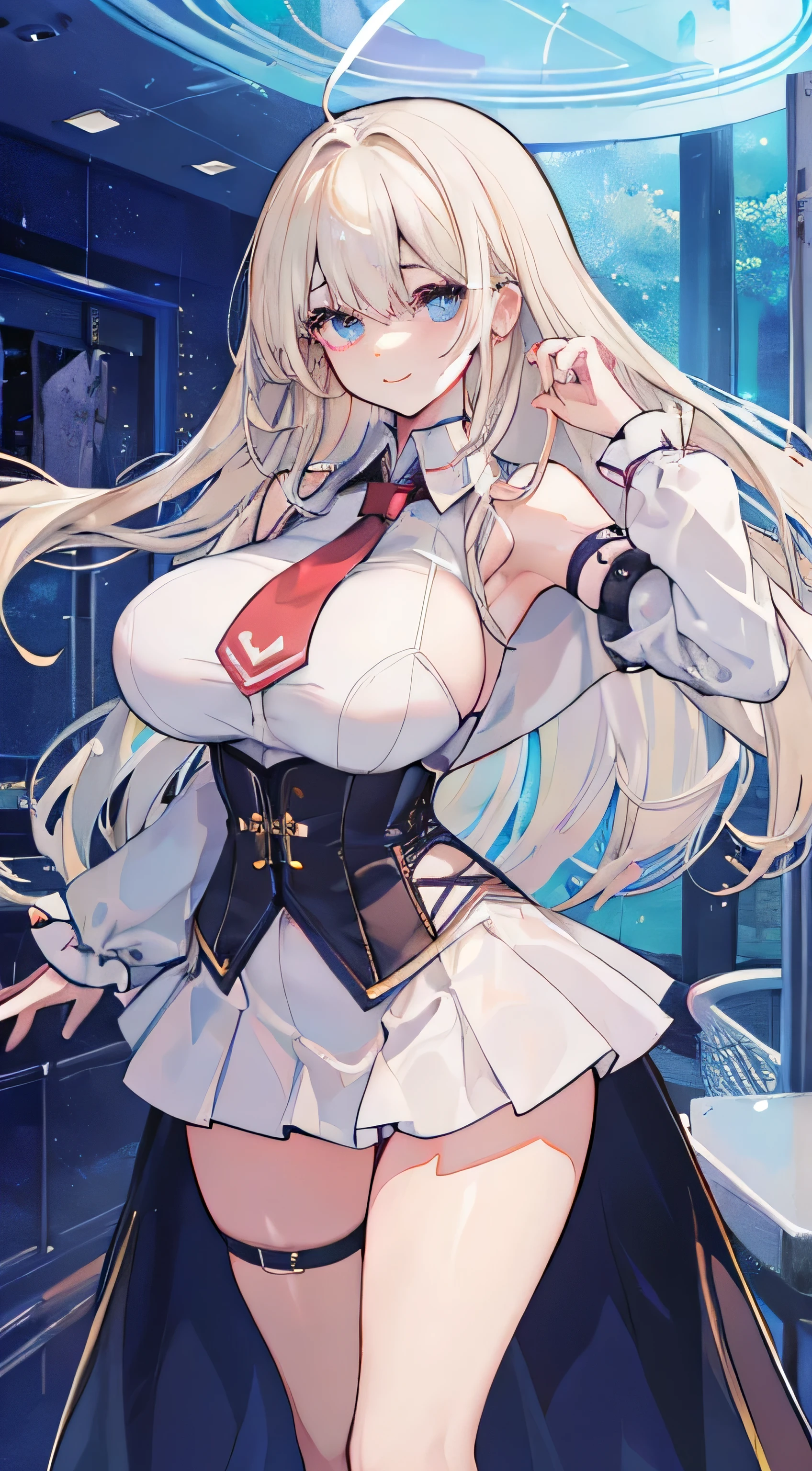 top-quality、realistic touch,high-detail、photoRealstic、Long body、captive beauty、big eye、Strong platinum blonde eyelashes、platinum-blonde、full body Esbian、Sparkling eyes、Submissive smile、Flushed cheeks、Kamimei、thin-waist、Voluptuous thighs、Enraptured look、Raked bangs、The forehead is protruding、sleeveless、High school students in uniform 、The skirt is very short and transparent、No cleavage exposed、fuge sideboob、high with tie、A corset that emphasizes your breasts、Inside a futuristic classroom, huge tits, bare, huge nipple, open legs