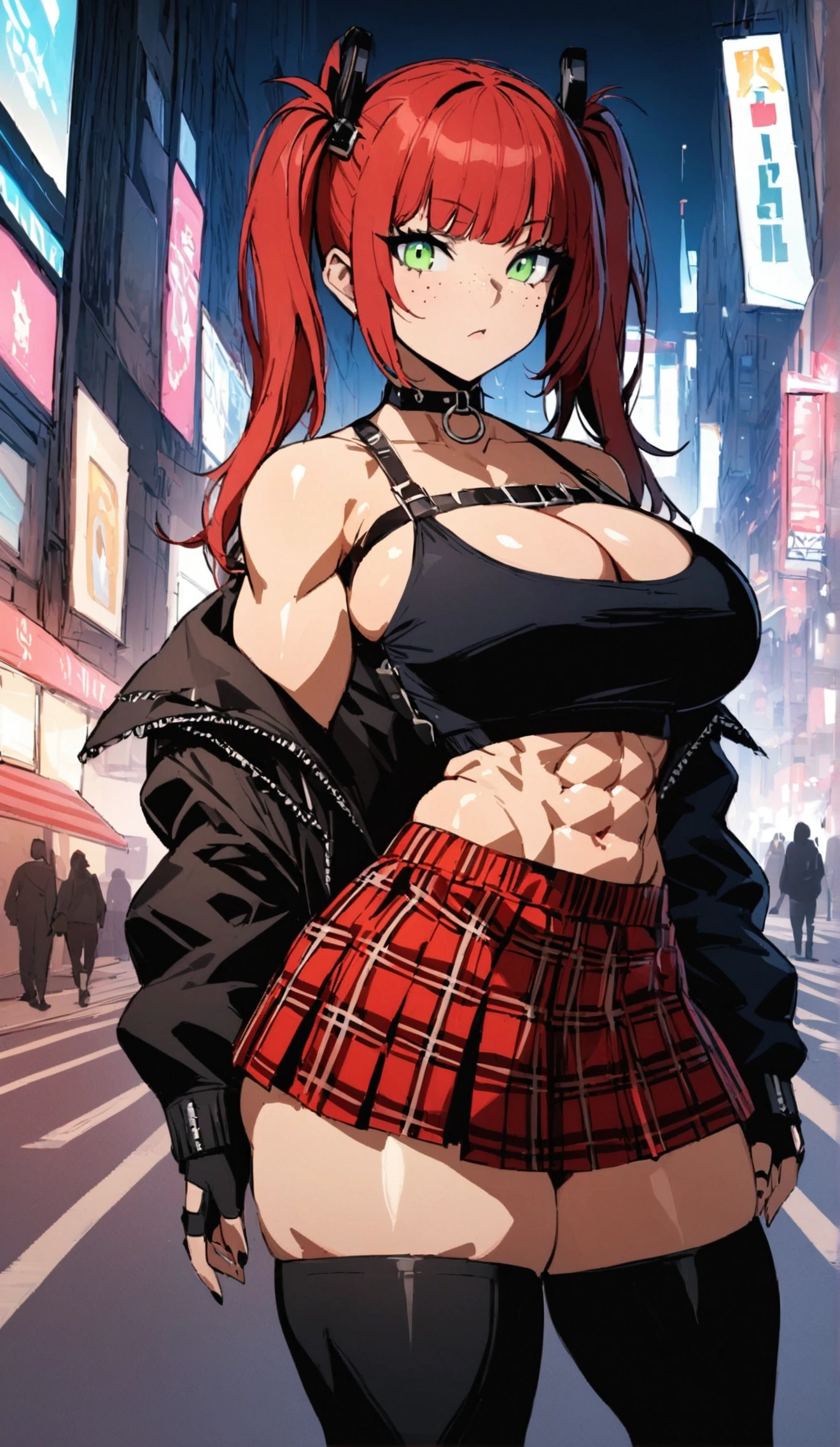 woman, red hair in pig tails, green eyes, wearing crop top black shirt, long black jacket, red plaid skirt, (black knee high boots), black fingerless gloves, exposed shoulders, large breasts, thick thighs, freckles, cleavage, abs, looking at viewer, masterpiece, best quality, an14, Holo-Punk Style, in the city