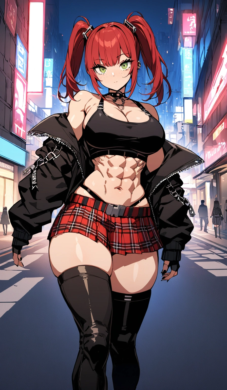 woman, red hair in pig tails, green eyes, wearing crop top black shirt, long black jacket, red plaid skirt, (black knee high boots), black fingerless gloves, exposed shoulders, large breasts, thick thighs, freckles, cleavage, abs, looking at viewer, masterpiece, best quality, an14, Holo-Punk Style, in the city