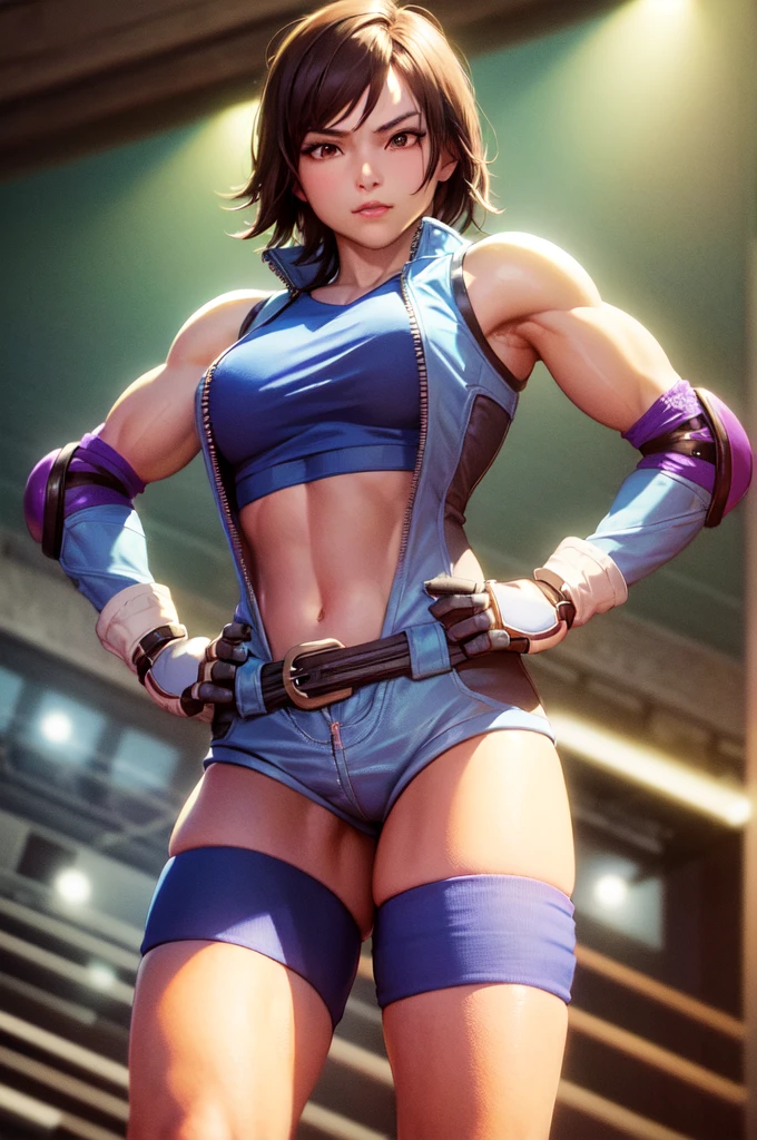 (masterpiece, best quality:1.2), cowboy shot, solo, 1girl, kazama asuka, muscular female, slight smile, looking at viewer, hand on hip, taut clothes, sports bra, crop top, shorts, (gloves:1.1), belt, elbow pads, midriff((clothes with less cloth)) 