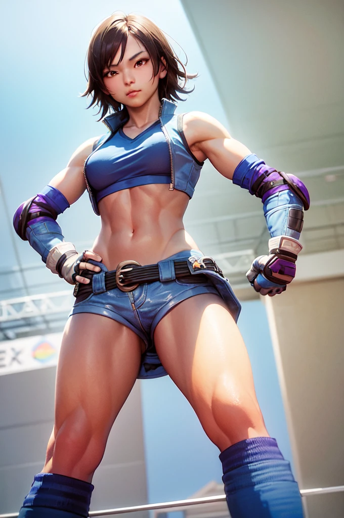 (masterpiece, best quality:1.2), cowboy shot, solo, 1girl, kazama asuka, muscular female, slight smile, looking at viewer, hand on hip, taut clothes, sports bra, crop top, shorts, (gloves:1.1), belt, elbow pads, midriff