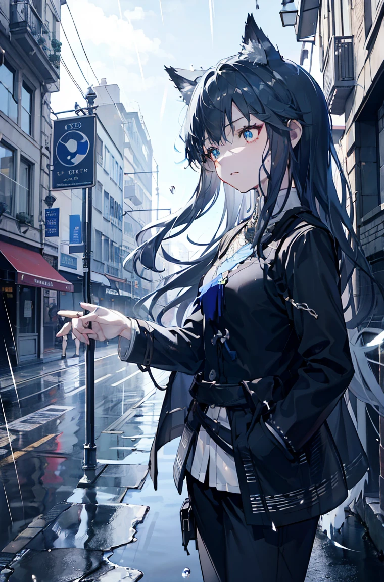 A masterpiece,omertosa,calm,laid back,shop,best quality, Illustration style,Large aperture portrait, Anime Girl, beautiful eyes, summer, Wide leg pants, small, Heartwarming, Youthful and beautiful,,Regular Clothes,Black and white,, showing a natural casual style. Dynamic posture contains the golden ratio, China, White space, Strong contrast between light and shadow, Super texture, Super clear and concise pictures, presenting extremely beautiful, Elegant temperament, subtle facial expressions, City background, rain, Road area water reflection,one person