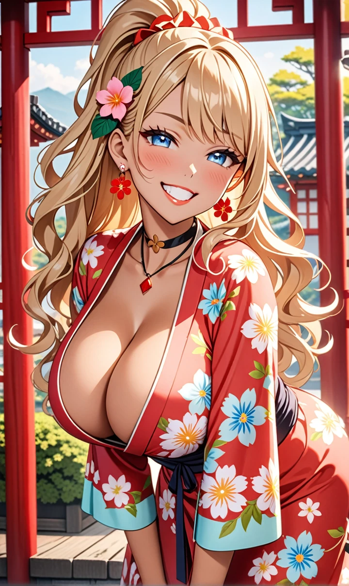 ultra-detailed, ((one girl)), (tan skin:1.6), in pastel colors gyaru, (heavy makeup), (professional lighting) hyper detailed, absurdres, 8K, Beautiful Face, (Laugh shyly), ((grin:1.5), ((Wink:1.7)), (Laugh with your mouth wide open),((Tilt your face:1.6)), View your viewers, ((Bright red cheeks:1.6)),Glossy Red Lips, ((Big Breasts:1.6)), ((undressing:1.2)), noon, A simple shrine festival, ((Anime style background)),masterpiece, Highest quality, so beautiful,Latest, Complex details, ((Neon pink long nails)), (nail art), (ring),(bracelet), (Floral Choker),AI-generated, Complex,High resolution, Highest quality, super high quality,3D Images、3D Images,One person,Blonde long hair,(High Ponytail), (wavy hair:1.3), Blonde anime woman posing for a photo, ((Fine grain、blue eyes、glowing eyes:1.4)), (Squint your eyes:1.1),a hyperRealistic , hyperRealistic , Realistic,Anime woman with long pastel yellow hair, Smooth anime CG art, A girl in a gorgeous pastel-colored kimono, (sideboob), ((Pastel-colored furisode)),(Pink large floral pattern), Long flower hair ornament,Floral Earrings, Mature Body, tall,Narrow waist, ((from side)),((leaning forward:1.2)),