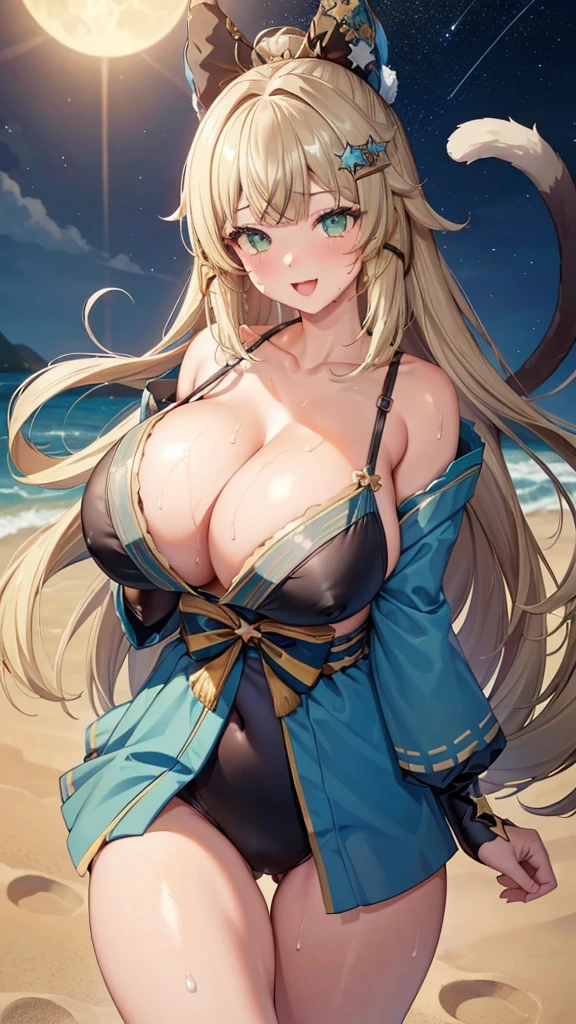 (masterpiece), best quality, expressive eyes, perfect face,red hair,wavy ponytail,(covered nipples:1.2),(under boob:1.2), (sagging breasts,gigantic breasts:1.5), (huge cleavage:1.5),(night:1.1}, {starry sky:1.1}, beach, beautiful detailed sky, {extremely detailed background:1.2},{standing:1.1}, looking at viewer, (star pattern kimono:1.3), long_hair, hair_ornament, green_eyes, bangs, smile, animal_ears, open_mouth, hairclip, blonde_hair, ahoge, tail, blush, cat_tail, bow, cat_ears, hair_bow, light smile,(thigh gap 1.5),seductive pose, sweat, wet skin, latex skin,