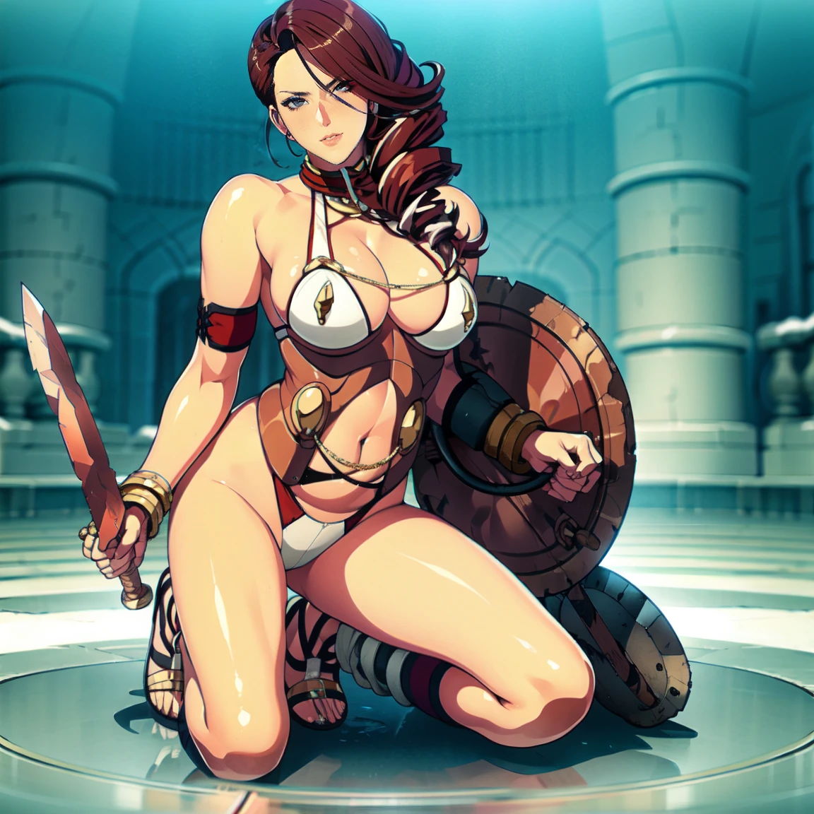 branwen, ((Heterochromia iridis:1.2, blue eyes, Red Eye)), ((Sunburned skin, Brown skin color)), Sandals (((Side plea:1.5, Drill_hair))) ((arm shield, little shield, sword, armor))),