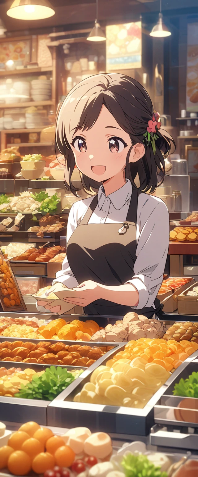 Close-up of beautiful, cute, hard-working and lively fast food restaurant clerk.Beautiful and extremely textured foreground and background，detailed, bright, Animation style high definition and high quality presentation,