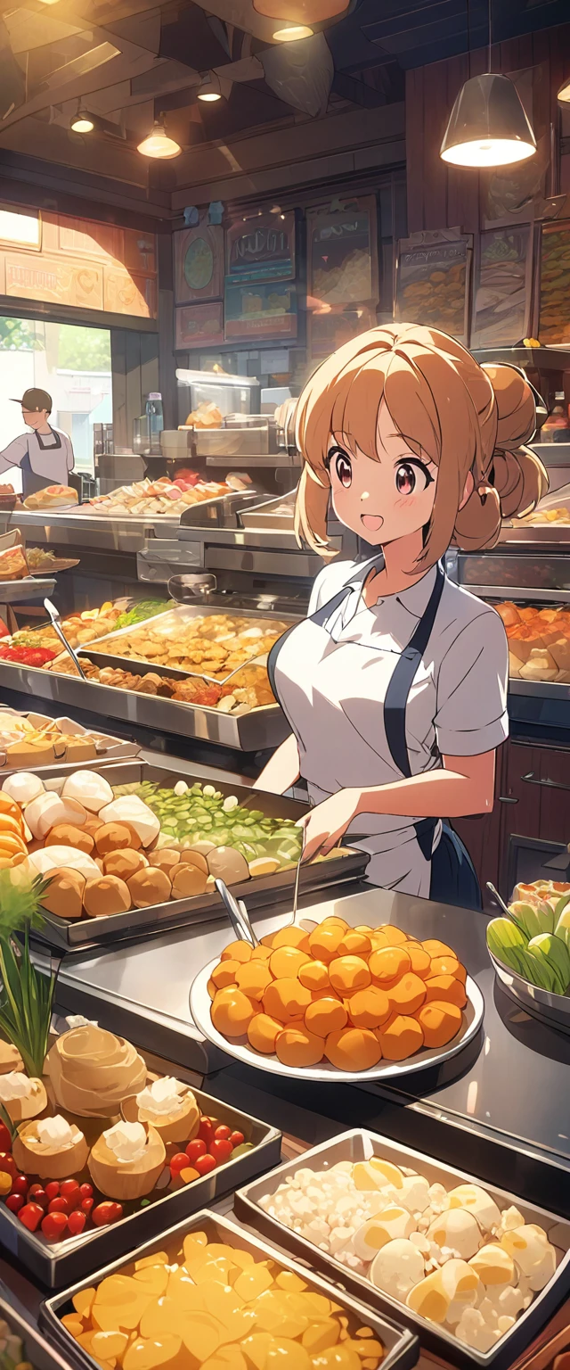 Close-up of beautiful, cute, hard-working and lively fast food restaurant clerk.Beautiful and extremely textured foreground and background，detailed, bright, Animation style high definition and high quality presentation,