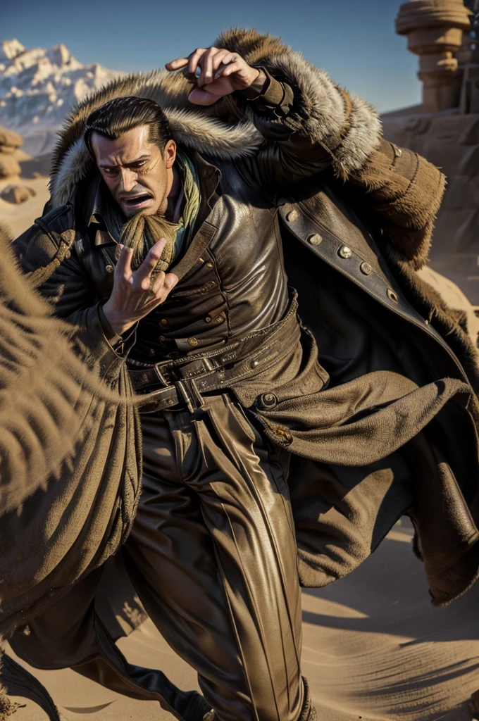 masterpiece, best quality, extremely detailed, hyperrealistic, photorealistic, a cool 40s man, ultra detailed face:1.2, fur-trimmed coat, scarf around the neck, his left hand is a golden pirate hook:1.1, desert, artistic jump, strenuous movements, dynamic angle