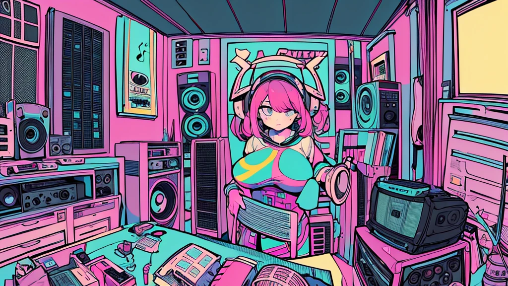 Best quality, (masterpiece), best detail face,1 girl, big breasts, 18 yo, 8k,absurdres,unity 8k wall paper,(extremely detailed:1.3), highest realistic, (retro headphones:), (psychedelic), Her room full of music equipment and records, sports wear , See the whole room, She is at the end of the room, natural color palette
