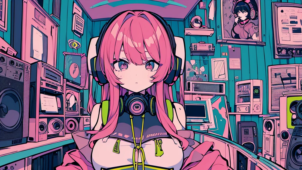 Best quality, (masterpiece), best detail face,1 girl, big breasts, 18 yo, 8k,absurdres,unity 8k wall paper,(extremely detailed:1.3), highest realistic, (retro headphones:), (psychedelic), Her room full of music equipment and records, sports wear , See the whole room, She is at the end of the room, natural color palette