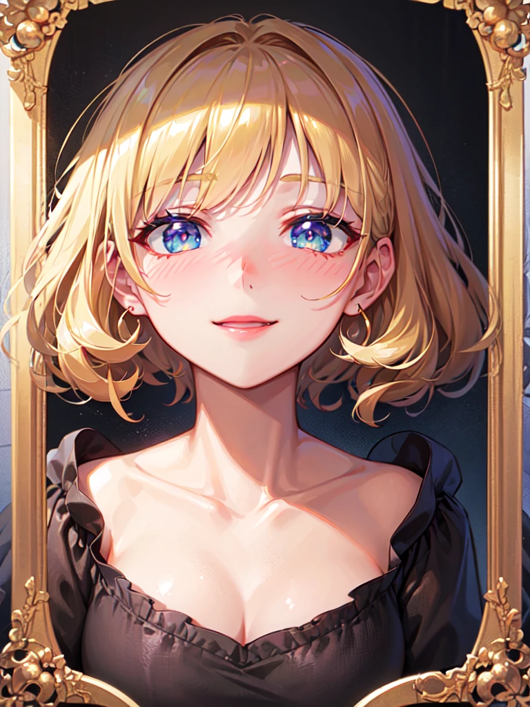blue eyes, blonde hair, black hair, curly hair, bangs, long hair, wavy hair, shiny hair, jewelry, wide eyes, longeyelashes, earrings, makeup, smile, blush, ear blush, bright pupils, seductive smile, glint, red lips, high detail, anime, anime style, depth of field, cinematic lighting, ray tracing, reflection light, cropped, framed, wide shot, masterpiece, accurate, anatomically correct, super detail, high details, high quality, best quality, highres, 4K
