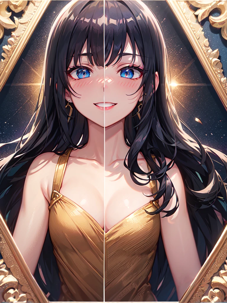 blue eyes, blonde hair, black hair, curly hair, bangs, long hair, wavy hair, shiny hair, jewelry, wide eyes, longeyelashes, earrings, makeup, smile, blush, ear blush, bright pupils, seductive smile, glint, red lips, high detail, anime, anime style, depth of field, cinematic lighting, ray tracing, reflection light, cropped, framed, wide shot, masterpiece, accurate, anatomically correct, super detail, high details, high quality, best quality, highres, 4K