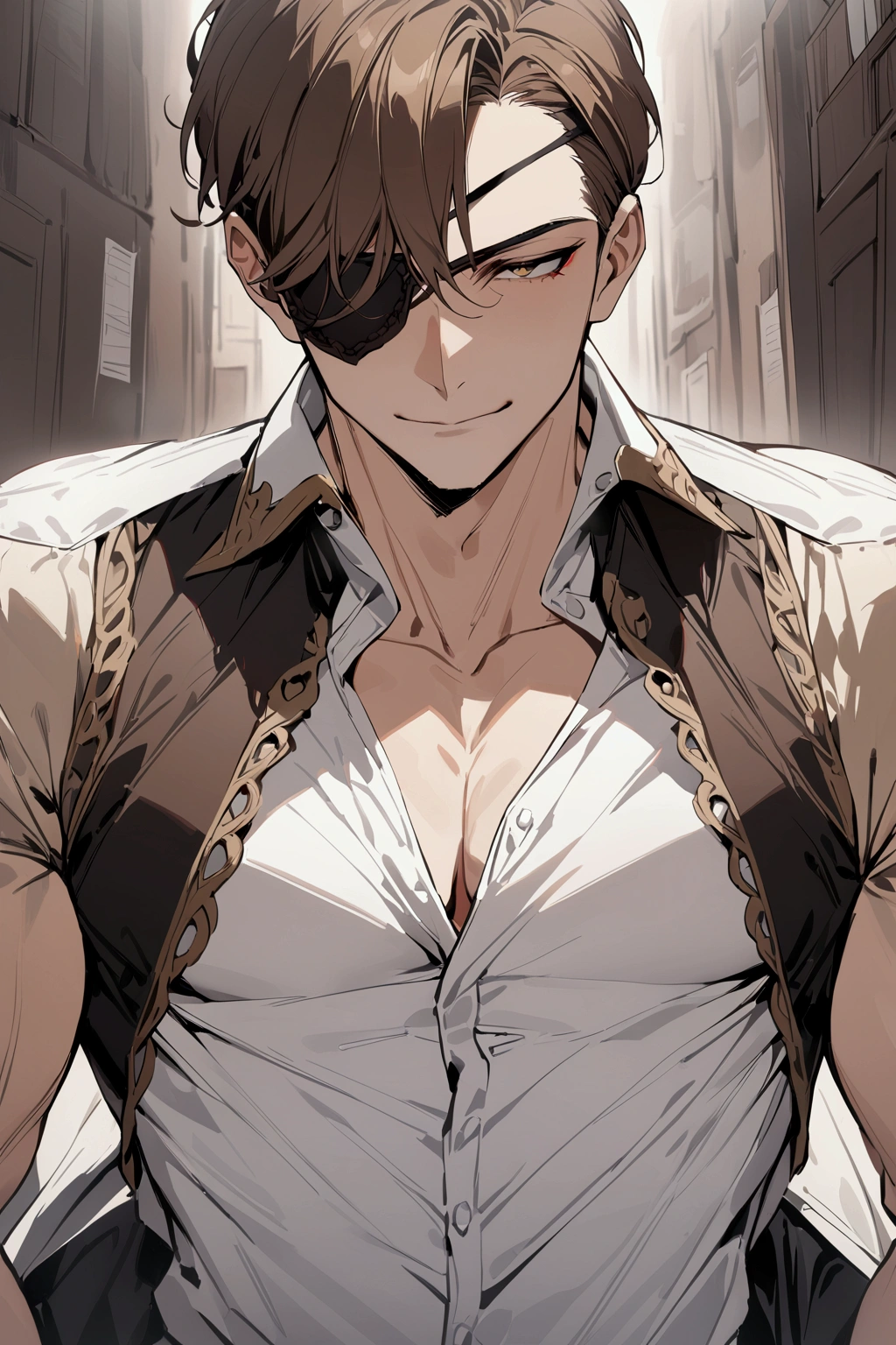 ((masterpiece)), ((best quality)), (from front, facing front), (half-body shot:1.2), (visible full head), perfect anatomy, 1man, solo, adult man, brown hair, yellow eyes, one eye covered, eyepatch, white shirt, weak smile
