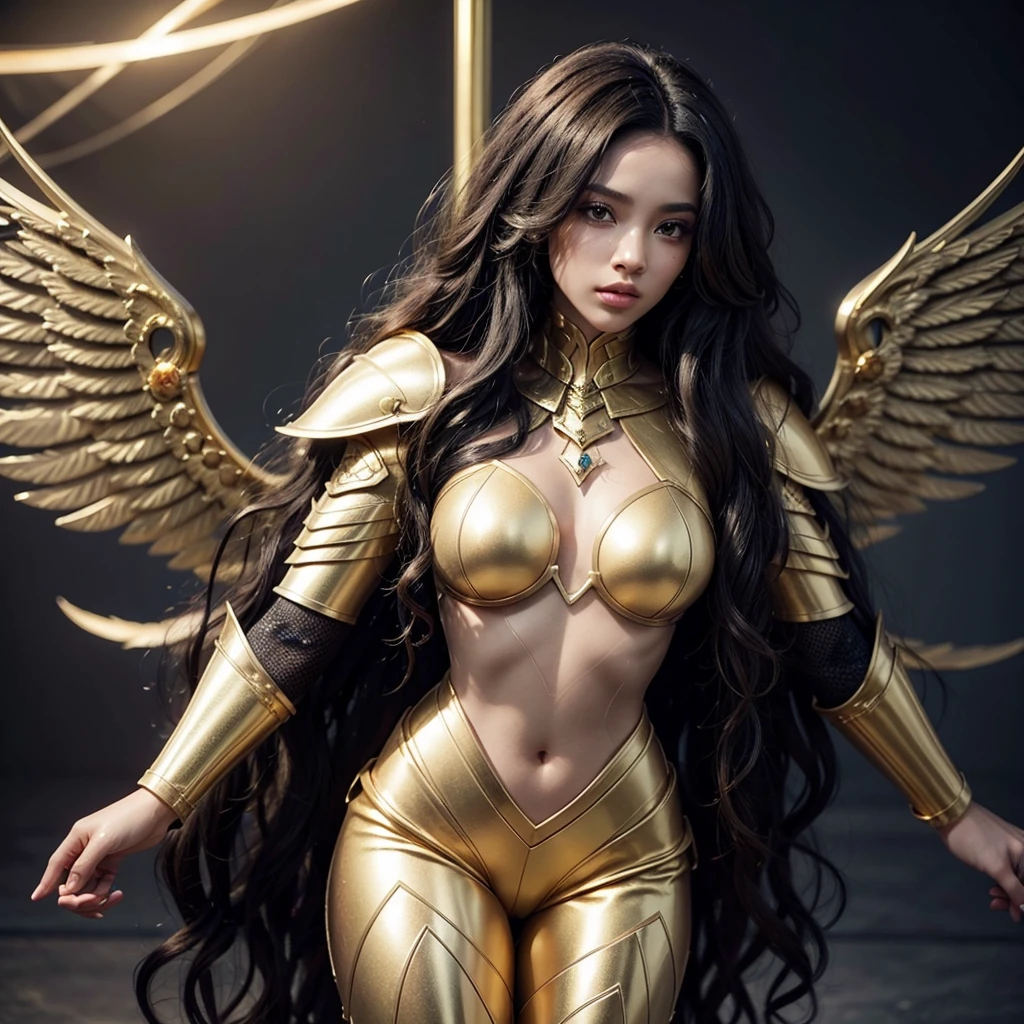 Black woman, long curly hair, golden armor, diamons on her shoulder, long wings