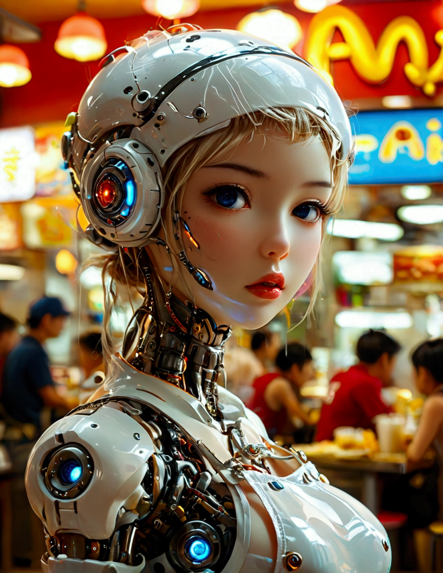 A cute android (giga busty, neon backlit eyes, clearly mechanical joints, apron and cap, nude) is a fast food worker at 'Puny Humans', a fully automated fast food restaurant. Crowded with chubby Asians

