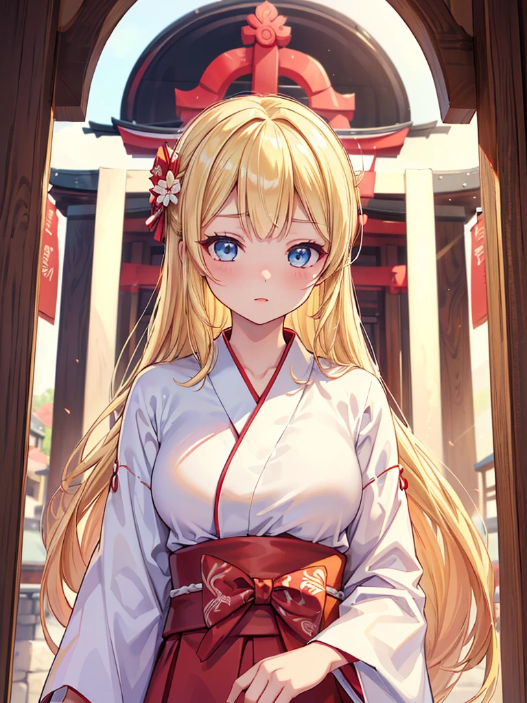 ((masterpiece)), ((best quality)), ((beautiful detailed)), ((ultra-detailed)), ((shrine)), ((white kimono)), ((red hakama))), extremely delicate and beautiful girl, (1solo), (love live! style), ((1 girl)), ((upper_body)), woman, female, young,20 years old, ((very long hair)), ((blonde hair)), ((cute face)), (large_breasts), (blue eyes), bright skin