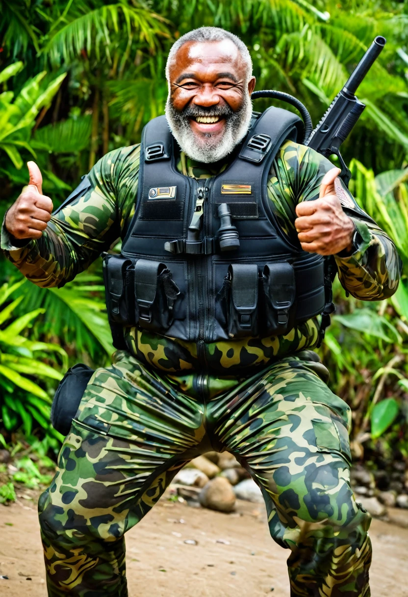 (a dark-skinned bearded fat muscular old man in a bulky army camouflage zipper diver suit) masturbating, thumbs up, carrying a gun, muscular, Bruce Onobrakpeya, sumatraism, stanley artgermm, action, heroic, fierce, smiling