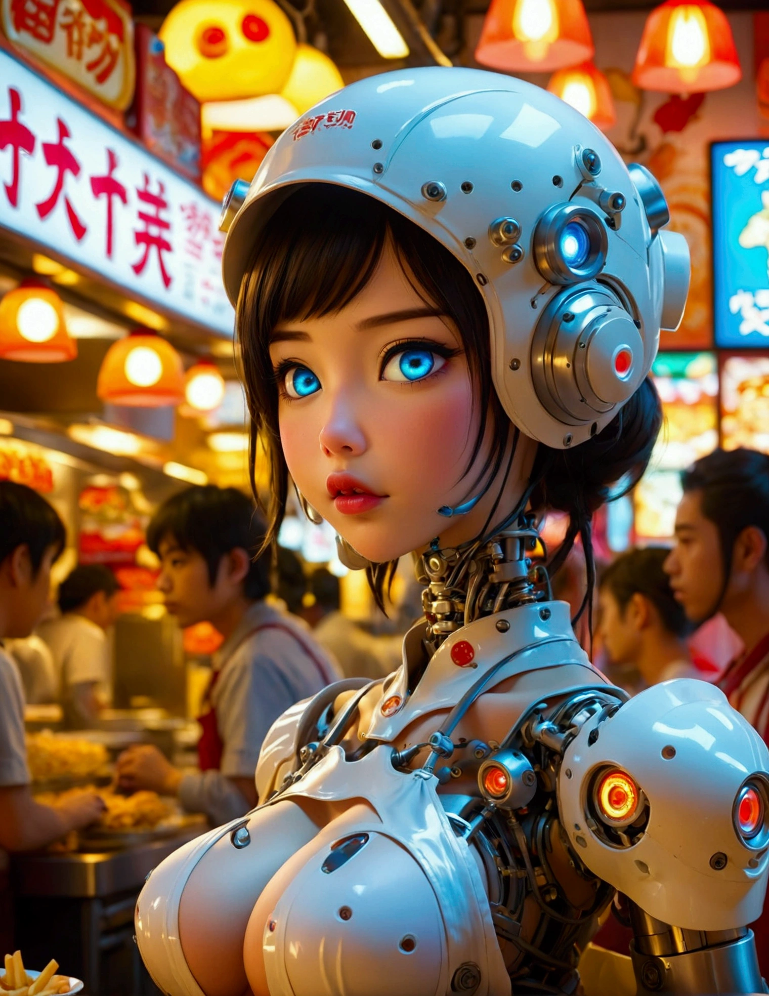 A cute android (giga busty, neon backlit eyes, clearly mechanical joints, apron and cap, nude) is a fast food worker at 'Puny Humans', a fully automated fast food restaurant. Crowded with chubby Asians
