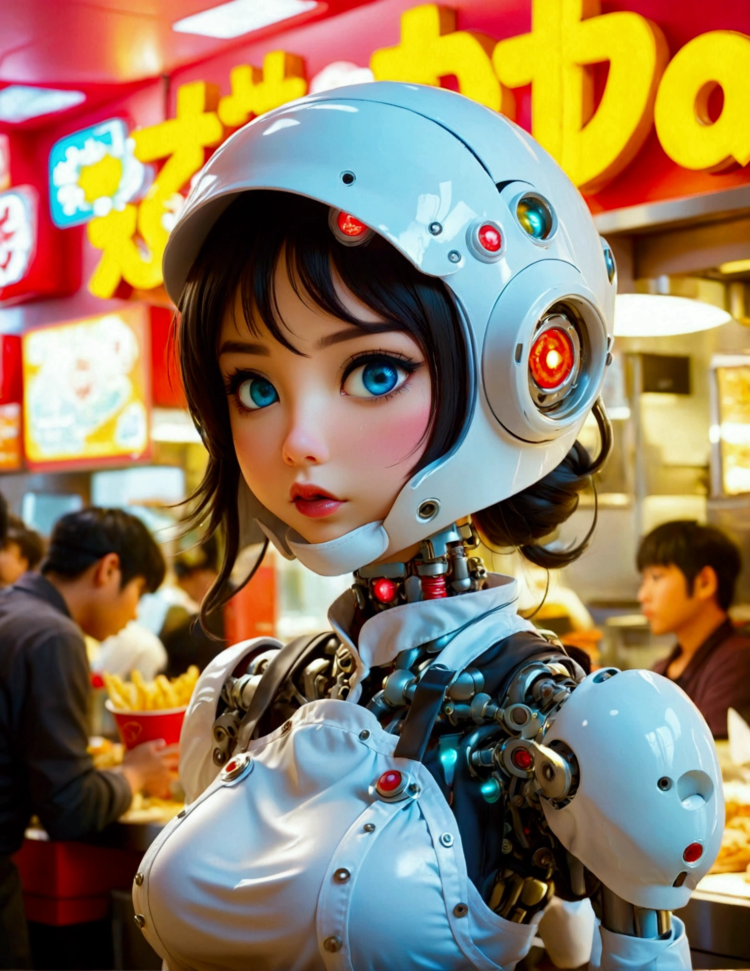 A cute android (giga busty, neon backlit eyes, clearly mechanical joints, apron and cap, nude) is a fast food worker at 'Puny Humans', a fully automated fast food restaurant. Crowded with chubby Asians
