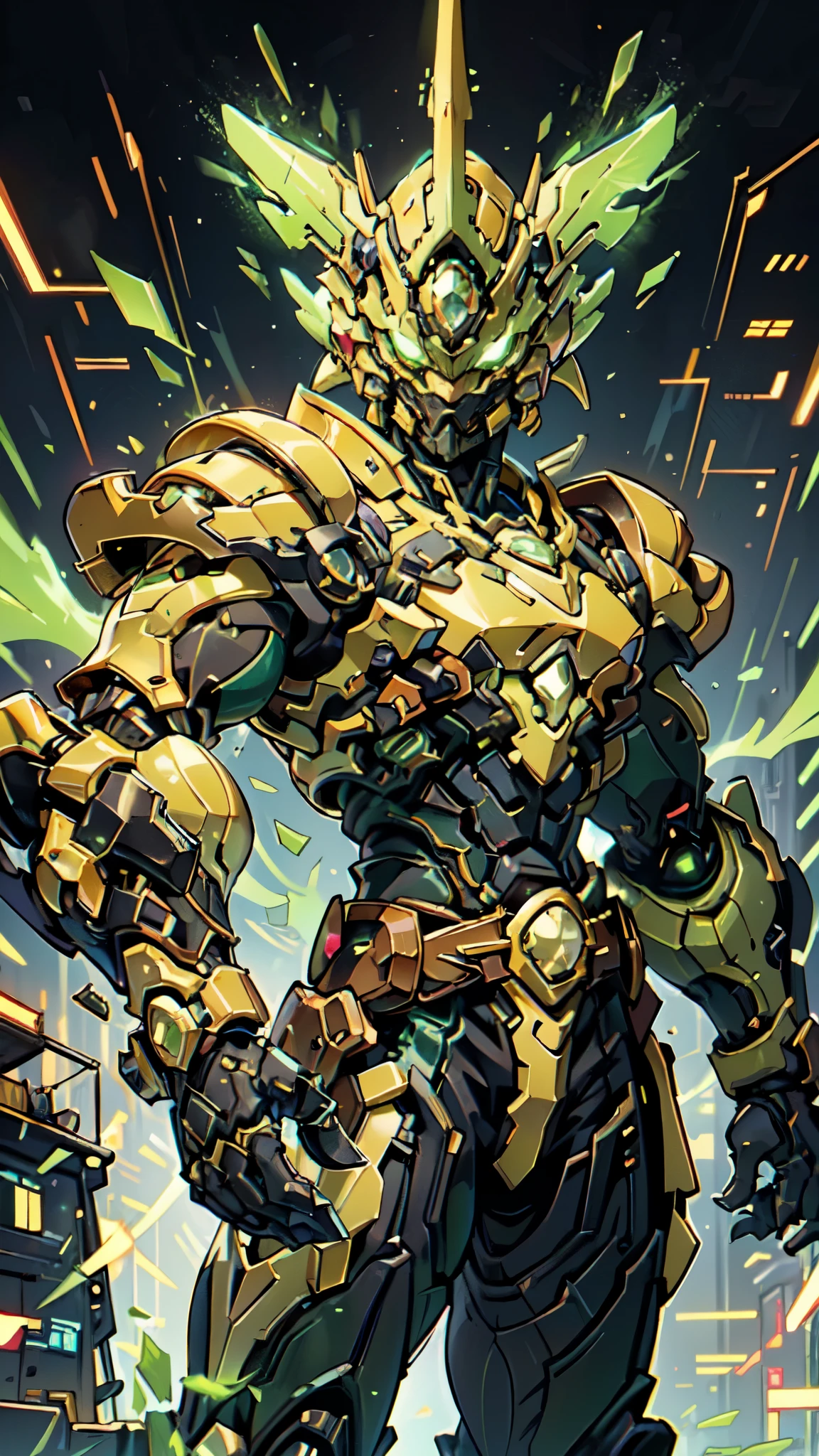 (masterpiece:1.5, best quality:1.5, extremely delicate:1.5, foreshortening:1.5, dynamic angle:1.5), a man wearing a full-face helmet, a fantasy-style biotech armored combat suit, green eyes, (a composite layered chest armor), fully enclosed shoulder guards, matching arm and leg guards, the belt is adorned with neon circuitry, (the color scheme is primarily black glow with green and red accents), the design balances heavy with agility, a high-tech bio-mecha armor, (Armor Concept Inspired by neon Cyberpunk, stand on the top of a skyscraper in a futuristic sci-fi city), this character embodies a finely crafted fantasy-surreal style armored hero in anime style, exquisite and mature manga art style, (element, plasma, energy, the armor glows), ((male:1.5)), metallic, high definition, highres, ultra-detailed, ultra-fine painting, professional, perfect body proportions, golden ratio, anatomically correct, symmetrical face, extremely detailed eyes and face, high quality eyes, creativity, RAW photo, UHD, 32k, Natural light, cinematic lighting, masterpiece-anatomy-perfect