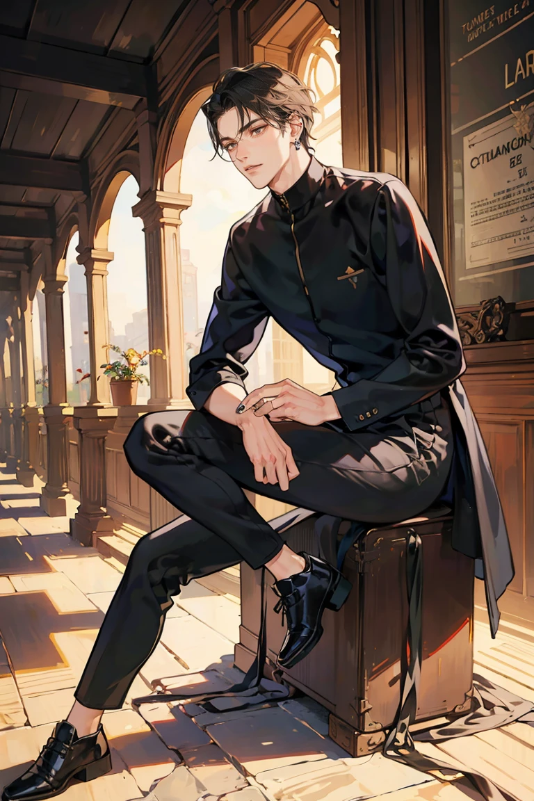 (masterpiece), best quality, seductive eyes, perfect face, handsome man, brown eyes, long slicked back black hair, long nose, tan brown skin, volleyball jersey, black fitted pants, extremely tall man, long legs, long calves, full body, tall man, long legs, anime cover, 1boy, ear piercings, hands in pockets, adult-like look, cafe background