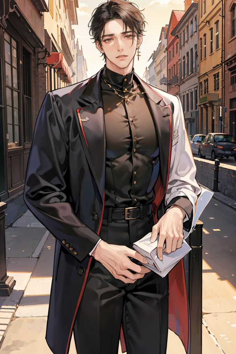 (masterpiece), best quality, seductive eyes, perfect face, handsome man, brown eyes, long slicked back black hair, long nose, tan brown skin, volleyball jersey, black fitted pants, extremely tall man, long legs, long calves, full body, tall man, long legs, anime cover, 1boy, ear piercings, hands in pockets, adult-like look, cafe background
