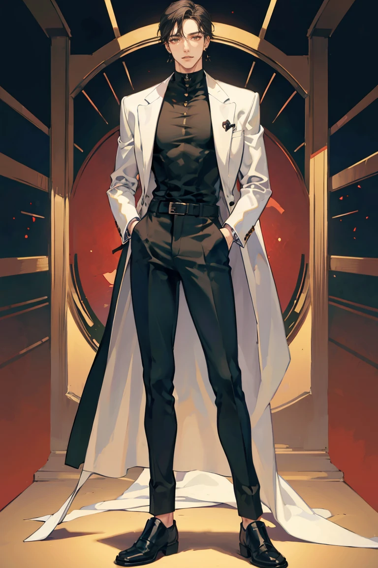 (masterpiece), best quality, seductive eyes, perfect face, handsome man, brown eyes, long slicked back black hair, long nose, tan brown skin, volleyball jersey, black fitted pants, extremely tall man, long legs, long calves, full body, tall man, long legs, anime cover, 1boy, ear piercings, hands in pockets, adult-like look, cafe background
