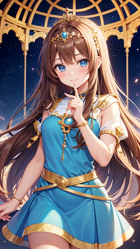 A girl with long brown hair, a goddess, anime style, a cute girl like an angel, a girl with a gentle smile, a fortune teller with a light in her hand, and a 14 year old surrounded by natural stones. Love fortune teller. A sparkling royal sky blue pearl dress and a tiara on her head. There is a goddess, there is an anime-style girl, there is a fortune teller, there is a magical girl, the background is a chapel, high quality, high resolution, 8K, there are 5 fingers on the left and right.