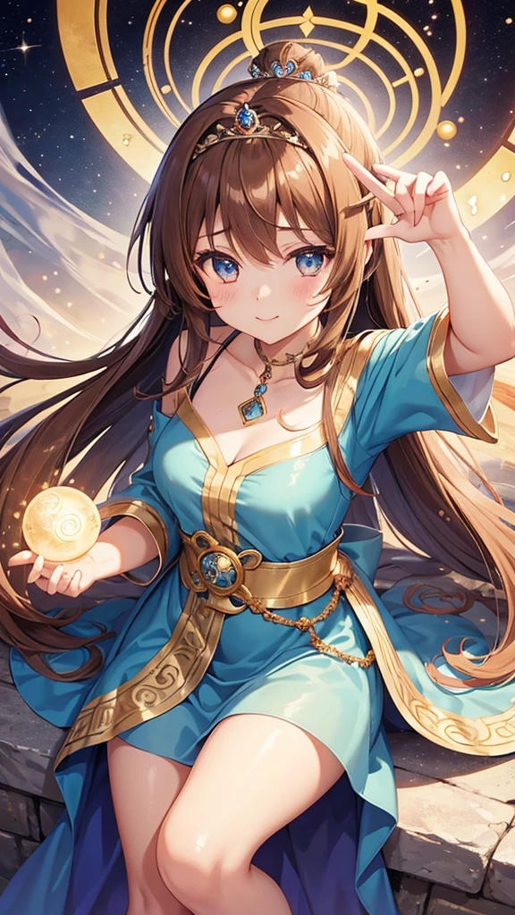 A girl with long brown hair, a goddess, anime style, a cute girl like an angel, a girl with a gentle smile, a fortune teller with a light in her hand, and a 14 year old surrounded by natural stones. Love fortune teller. A sparkling royal sky blue pearl dress and a tiara on her head. There is a goddess, there is an anime-style girl, there is a fortune teller, there is a magical girl, the background is a chapel, high quality, high resolution, 8K, there are 5 fingers on the left and right.