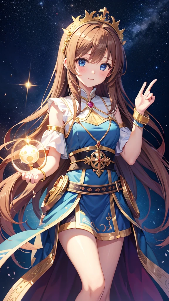 A girl with long brown hair, a goddess, anime style, a cute girl like an angel, a girl with a gentle smile, a fortune teller with a light in her hand, and a 14 year old surrounded by natural stones. Love fortune teller. A sparkling royal sky blue pearl dress and a tiara on her head. There is a goddess, there is an anime-style girl, there is a fortune teller, there is a magical girl, the background is a chapel, high quality, high resolution, 8K, there are 5 fingers on the left and right.