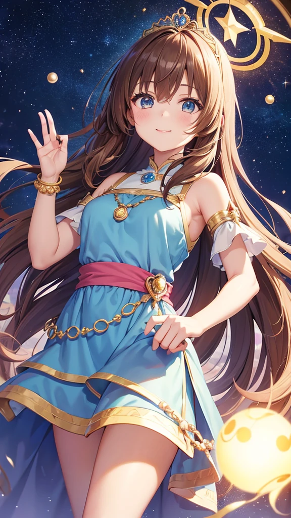 A girl with long brown hair, a goddess, anime style, a cute girl like an angel, a girl with a gentle smile, a fortune teller with a light in her hand, and a 14 year old surrounded by natural stones. Love fortune teller. A sparkling royal sky blue pearl dress and a tiara on her head. There is a goddess, there is an anime-style girl, there is a fortune teller, there is a magical girl, the background is a chapel, high quality, high resolution, 8K, there are 5 fingers on the left and right.