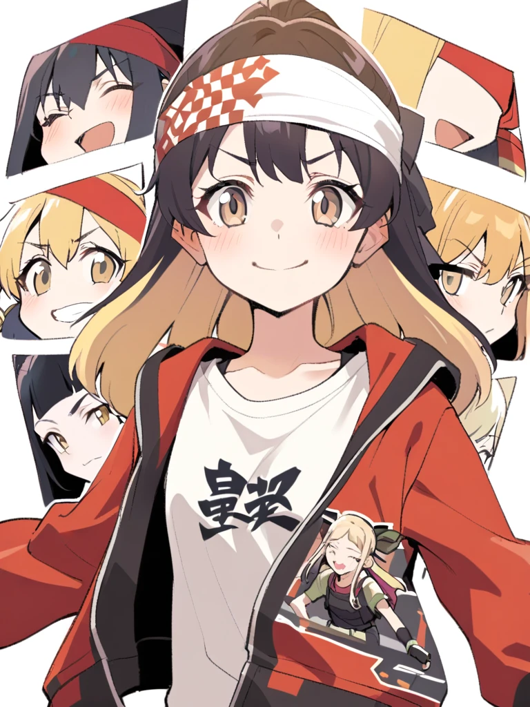 {{Upper part of the body}} {{Artists: sincos}} Teenage girl, light brown eyes, medium long hair, black hair with blonde highlights, slight smile, red jacket with black details, White T-shirt, ninja bandanas, bottom: ninja village