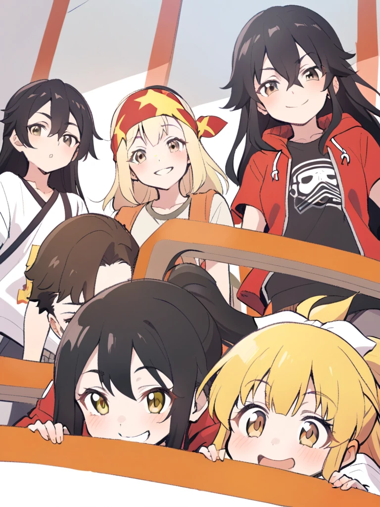 {{Upper part of the body}} {{Artists: sincos}} girl, light brown eyes, medium long hair, black hair with blonde highlights, slight smile, red jacket with black details, White T-shirt, ninja bandanas, bottom: ninja village